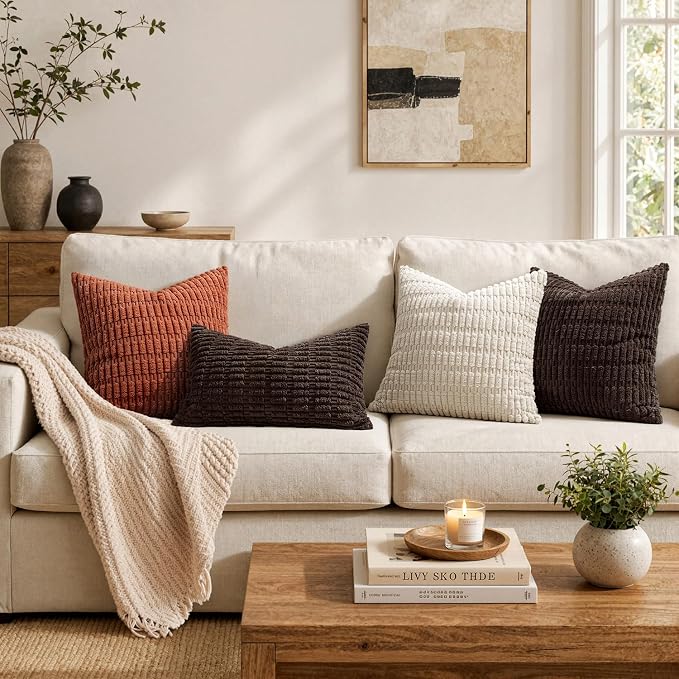 MIULEE Pack of 2 Corduroy Decorative Throw Pillow Covers 20x20 Inch Soft Boho Striped Pillow Covers Modern Farmhouse Home Decor for Sofa Living Room Couch Bed Dark Brown