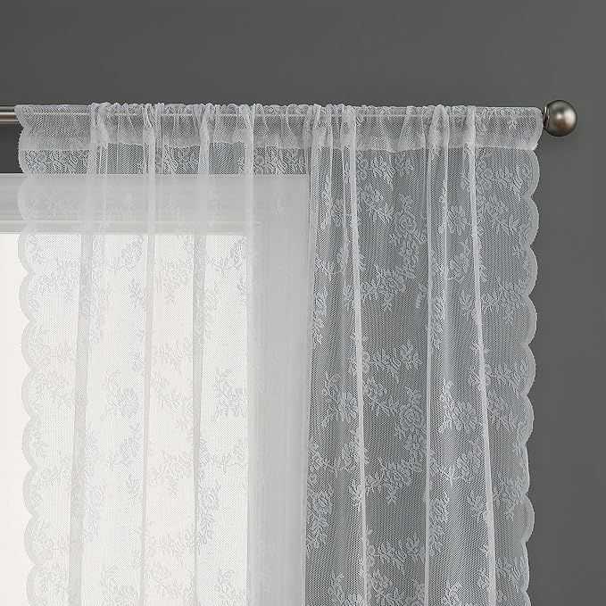 Sutuo Home Lace Curtains 72 Inches Length 2 Panels Set, White Sheer Window Floral Vintage Voile Window Panel Treatment Pair for Bedroom/Living Room/Kitchen, Decor Rod Pocket W57 x L72