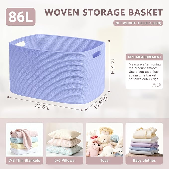 86L Large Baby Girls Laundry Basket for Nursery Storage,Cute Woven cotton Rope Baskets for Kids Toy，Gifts, Boho Square Wicker Blanket hamper for Living Room,Bedroom Dirty Clothes,Blue Purple
