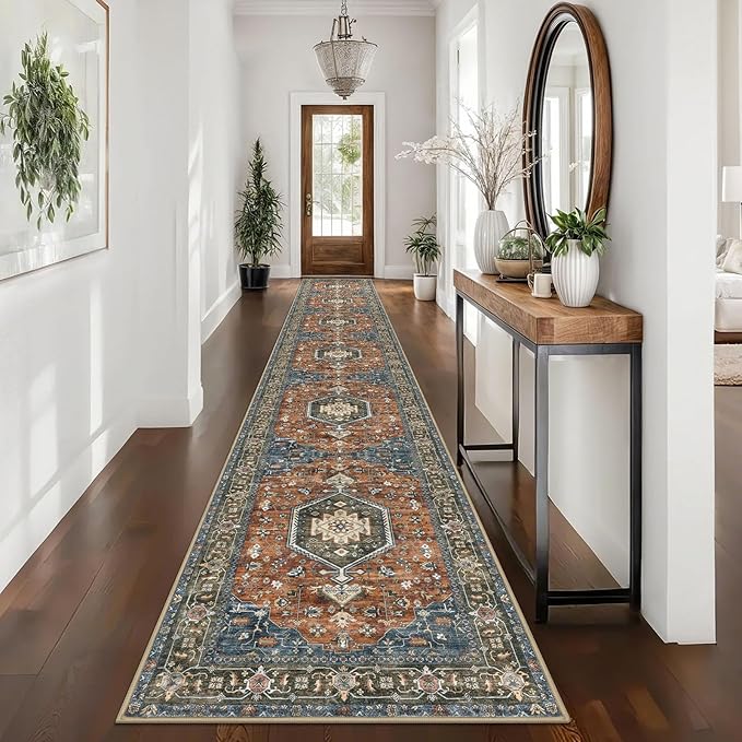 KUTA Vintage Washable Runner Rug 2.6x16, Non-Slip 16ft Extra Long Hallway Kitchen Rugs Brick Red, Indoor Ultra Soft Printed Medallion Carpet Runners for Bedroom Living Room