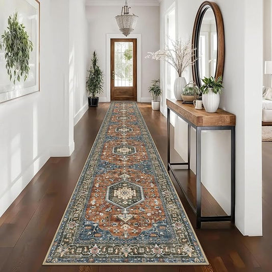 KUTA Vintage Washable Runner Rug 2.6x16, Non-Slip 16ft Extra Long Hallway Kitchen Rugs Brick Red, Indoor Ultra Soft Printed Medallion Carpet Runners for Bedroom Living Room