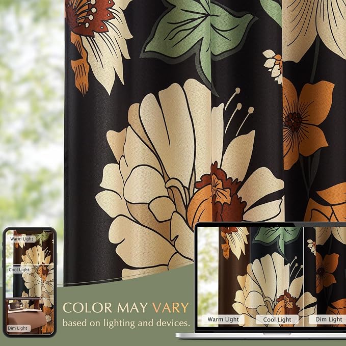 jinchan Lora Floral Curtain for Living Room Blackout Drape for Sliding Door Extra Wide Room Darkening Fall Decor Vintage Boho Flower Print Patio Door Curtain Grommet 1 Panel W100xL96 Inch Black