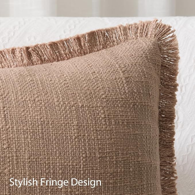 Kevin Textile 12x20 Inch Lumbar Pillow Cover 1 Pack Boho Fringe Decorative Rectangle Cushion Case with Tassels Neutral Cotton Woven Textured Farmhouse for Living Room Couch Sofa Bed, Khaki Brown
