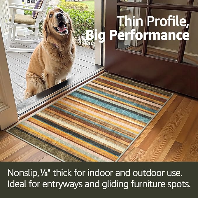 jinchan 2x3 Striped Rug for Entryway Washable Kitchen Rug Small Mat Non Slip Indoor Doormat Lightweight Low-Profile Decor Throw Carpet for Entrance Bathroom Laundry Room, Pine Dawn