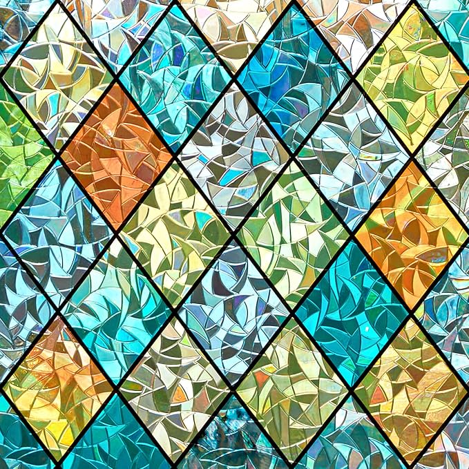 Sunbaby Window Privacy Film Stained Glass Decorative Rainbow Window Cling 3D Static Clings Colorful for Home Decoration, Anti-UV & Heat Control Non-Adhesive (17.5"x118")