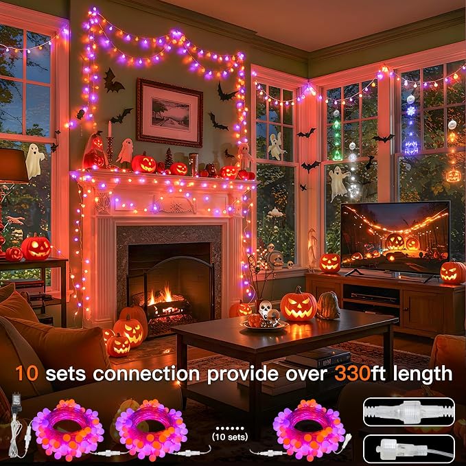 suddus 43ft Connectable Globe String Lights Plug in Remote Purple Orange | 100 Led Hanging Fairy Lights With Timer 8 Mode,String Lights for Bedroom for bedroom,Halloween Indoor ,Outdoor Decor