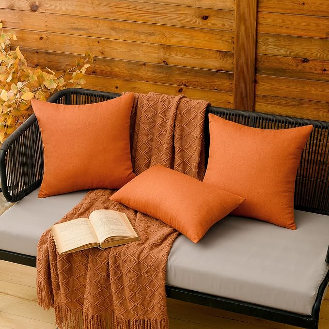 MIULEE Pack of 2 Decorative Outdoor Solid Waterproof Throw Pillow Covers Faux Linen Garden Farmhouse Cushion Cases for Summer Patio Tent Balcony Couch Sofa 20x12 Inch Orange