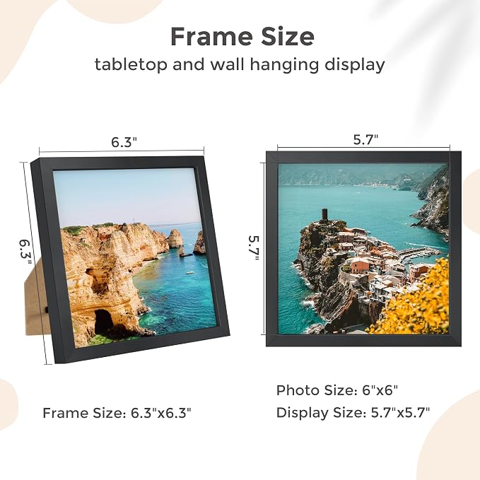 FLYJOE 6x6 Metal Picture Frame - Black Aluminum Square Frames with Real Glass, Wall Mounting Horizontally or Vertically, Simple and Elegant Decor for Wall Gallery Poster Photo Frames, Black
