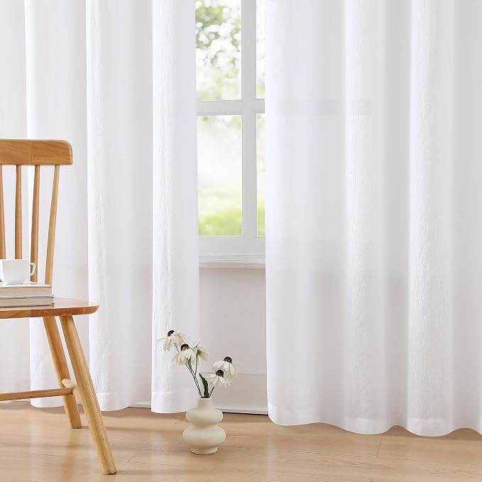 Purainbow White Chiffon Sheer Curtains for Living Room Crushed Crinkle White Semi Voile Curtain Panels for Bedroom Decoration, Light Filtering Window Treatments Grommet Top, 2 Panels, 52" Wx95 L
