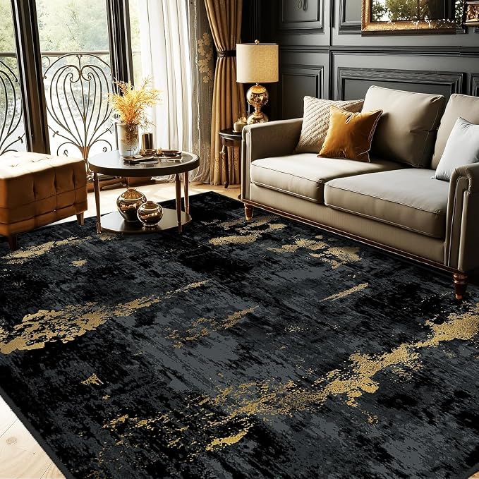 RELEANY Washable Area Rugs 7x10 Non-Slip Modern Abstract Soft for Living Room Entryway Bedroom Kitchen, Print Pattern, Dark Black Gold