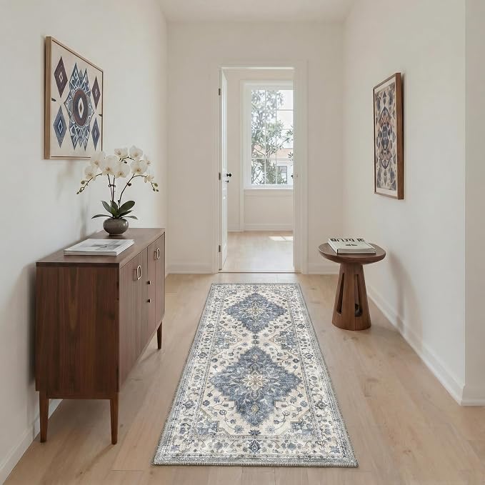 GENIMO 5x7 Floral Medallion Area Rug Machine Washable Non Slip Low Pile, Lightweight Print Pattern Rugs for Living Room Bedroom Dining Room, Dusty Blue