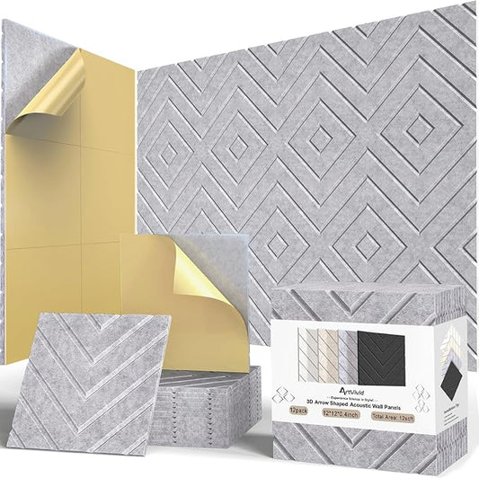 12Pack Acoustic Wall Panels, Self-Adhesive Sound Proof Foam Panels for Walls, High Density Acoustic Foam Sound Dampening & Sound Absorbing for Recording Studios, Offices, Home, 12"×12"×0.4", Grey