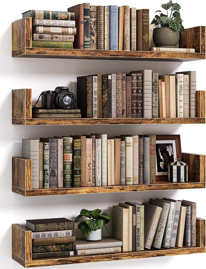 Floating Bookshelves for Wall - Wall Mounted Bookshelf Set of 4, U-Shaped Hanging Bookshelf for Bedroom, Living Room & Office, Wall Book Shelf for Home Decor & Storage (4, Rustic Brown, 17 Inches)