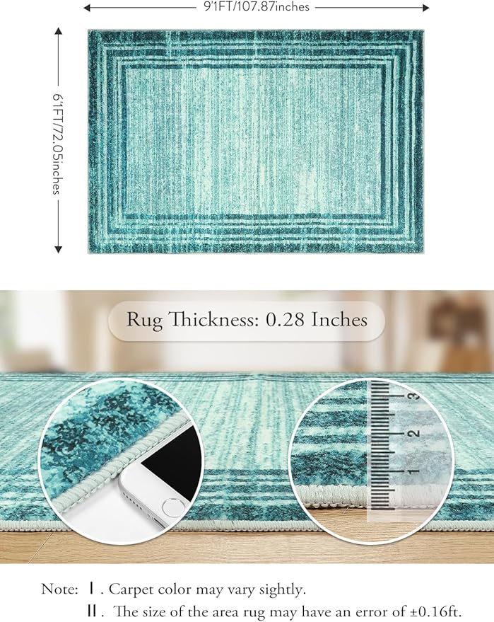 Lahome Amabel Modern Abstract 6x9 Area Rugs for Living Room, Washable Teal Bedroom Rug 6x9 Non Shedding, Low-Pile Soft Minimalist Bordered Indoor Large Carpet for Dining Room Playroom
