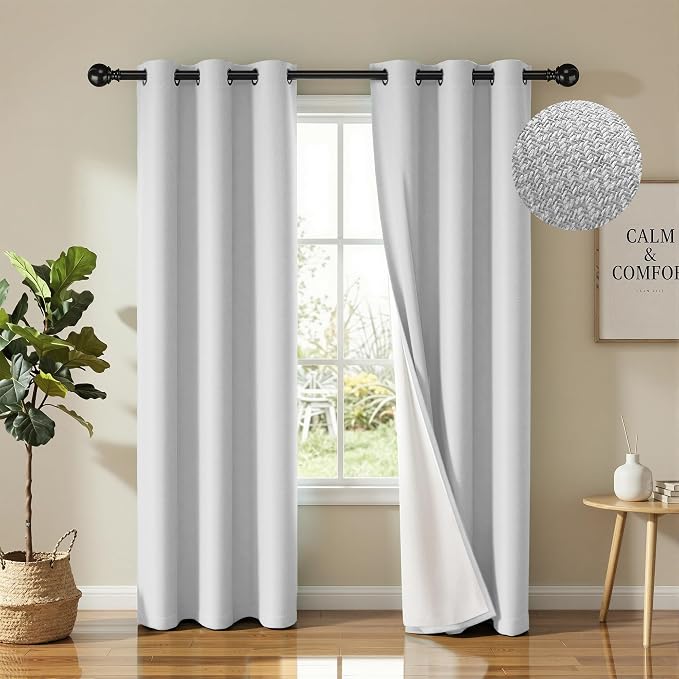 2 Panels 100% Blackout Linen-Textured Curtains, Thick Thermal Insulated Grommet Drapes with Subtle Herringbone Weave, Luxury Decor for Bedroom/Living Room, 37 x 84 Inches, Off-White