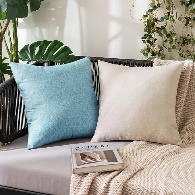 MIULEE Pack of 2 Decorative Outdoor Solid Waterproof Throw Pillow Covers Faux Linen Garden Farmhouse Coastal Cushion Cases for Summer Patio Tent Balcony Couch Sofa 18x18 Inch Blue Gray
