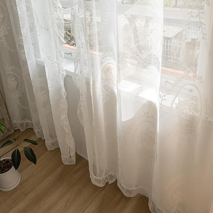 Sutuo Home Ivory Lace Curtains 108 Inches Long 2 Panels for Bedroom Living Room, Vintage Embroidered Floral Rose Sheer Curtains, Privacy Shabby Chic Windows Treatment Pair, Rod Pocket, W57 x L108