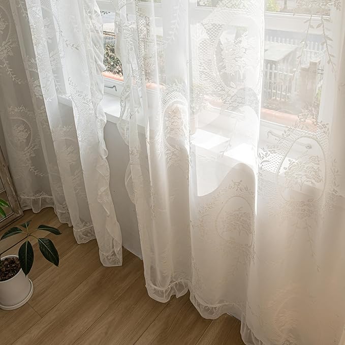 Sutuo Home Ivory Lace Curtains Set of 2, Sheer Panels 63 Inch Length Rose Floral Embroidery Vintage Voile Window Treatment Pair for Bedroom Living Room, Shabby Chic Decor Rod Pocket, W57 x L63