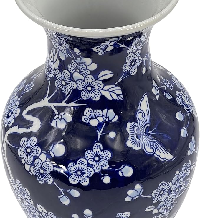 Galt International 14” Hand Painted Chinoiserie Ceramic Vase – Antique Style Porcelain Flower Bottle by Galt International, Fishtail Chinese Vase for Home Decor & Centerpiece - Dark Blue Floral