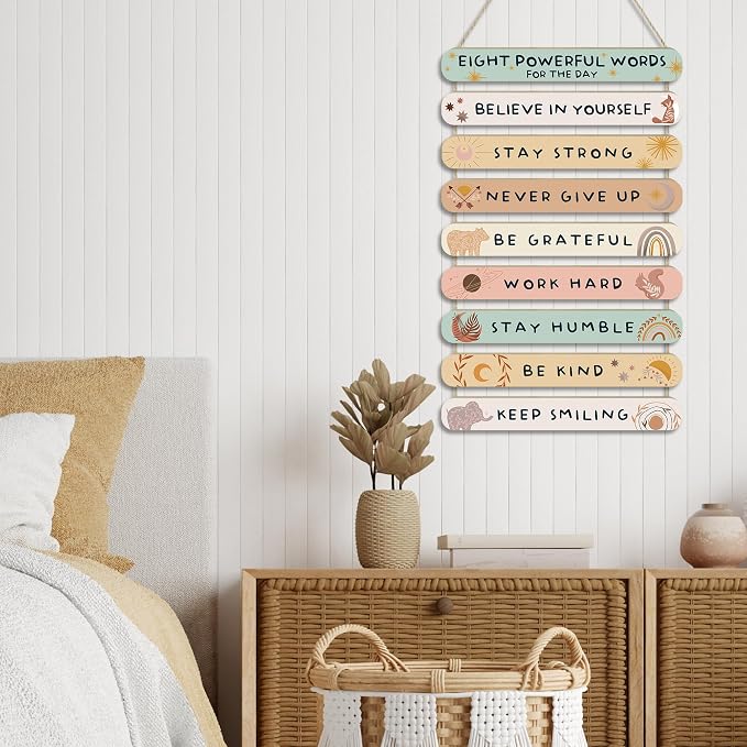 MONALET Boho Inspirational Motivational Wall Art Decor for Classroom Girls Dorm Bedroom Therapy Office, Positive Affirmations Hanging Wood Signs Decorations, 8 Powerful Words Wooden Plaque, 12x19