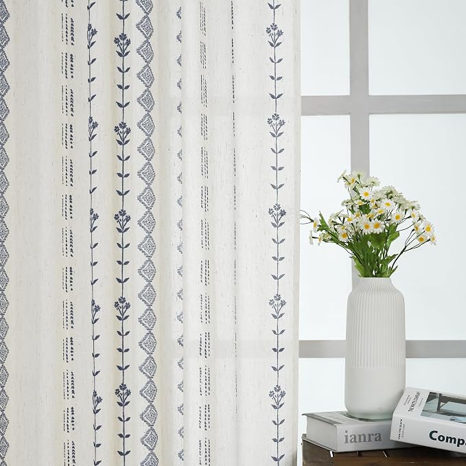 Sheer Linen Boho Patterned Curtains 50x63 Inches Long for Living Room 2 Panel Sets,Cream and Navy