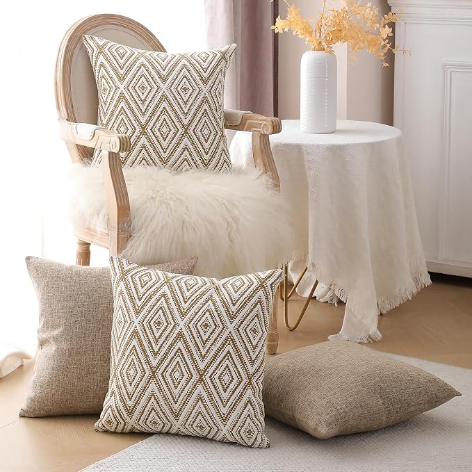HPUK Throw Pillow Covers 20x20 Inch Set of 4, Linen Decorative Pillow Covers, Accent Cushion Covers for Couch Sofa Bed Bedroom Living Room Décor, Light Brown