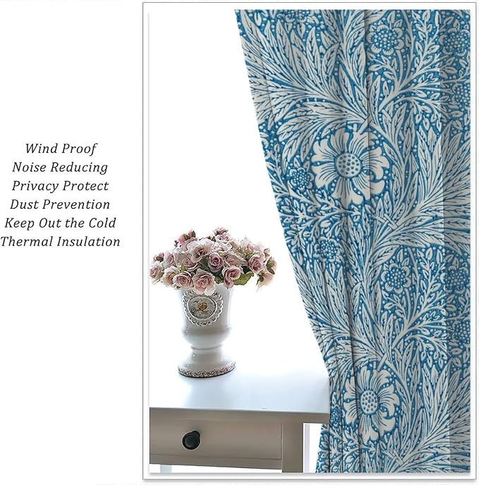 Bohe Vintage Floral Blackout Windows Curtains, William Morris Original Design Blue Flower Pattern Rod Pocket Curtains, for Living Room Bedroom 36(W)*63(L) 2 Panels