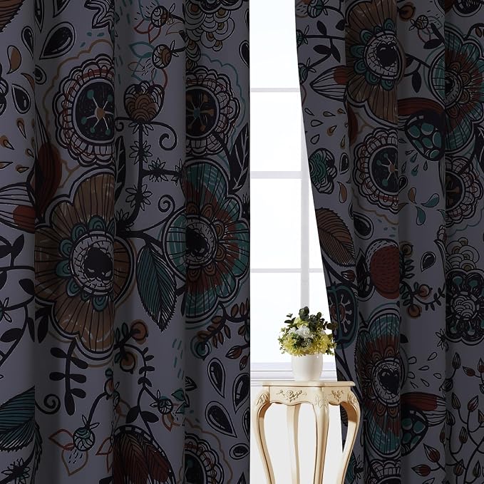 Estelar Textiler White Boho Abstract Vintage Floral Curtains 84 Inch Long for Bedroom,Colorful Flowers Pattern Classic Design Room Darkening Window Grommet Drapes for Living Room,52Wx84L,2 Panels