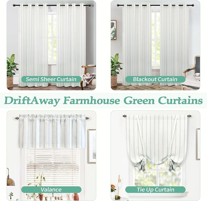 DriftAway Farmhouse Linen Lined Valance Double Layer Thermal Insulated Room Darkening Blackout Window Valances 3 Inch Rod Pocket Vertical Striped Kitchen Valance for Bathroom Single 52 x 18 Inch Green