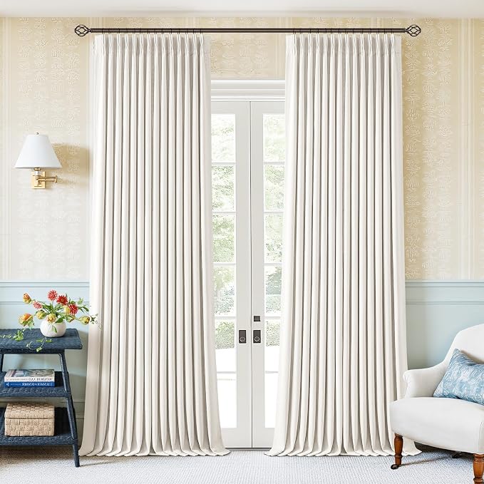 Beige White Pleated Blackout Curtains 96 Inches Long 2 Panels for Bedroom Living Room Darkening Neutral Memory Shape Pinch Pleat Black Out Heavy Duty Insulated Cream Ivory Curtain Drapes with Liner