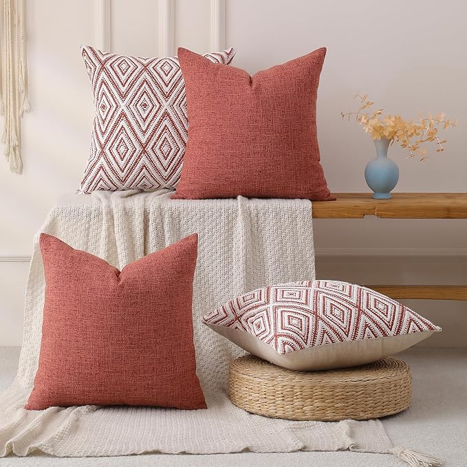 HPUK Throw Pillow Covers 18x18 Inch Set of 4, Linen Decorative Pillow Covers, Accent Cushion Covers for Couch Sofa Bed Bedroom Living Room Décor, Coral