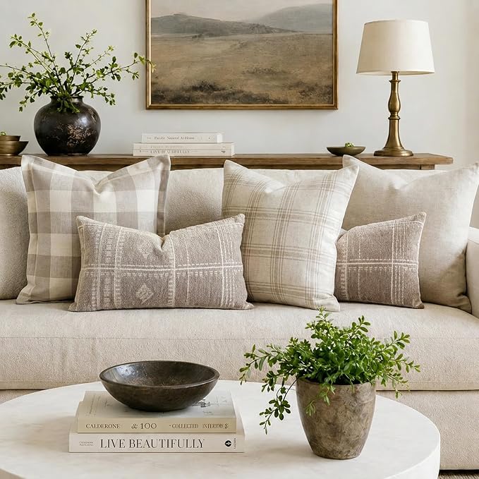 BlissBlush Decorative Lumbar Pillow Covers 12x20 Set of 2, Boho Taupe Chenille Accent Rectangular Throw Pillow Covers for Couch Sofa Living Room Home Décor (Cover Only)