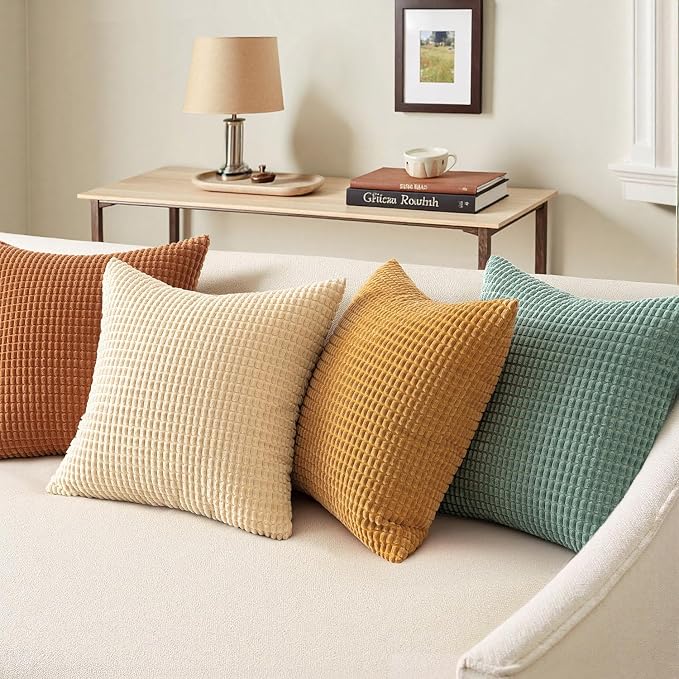 MIULEE Boho Decorative Pillow Covers 16x16 Inch Set of 4 Orange/Teal | Rustic Modern Fall Home Decor Couch Home Decor Couch Throw Pillows Autumn Corduroy Pillowcases for Sofa Living Room Bed
