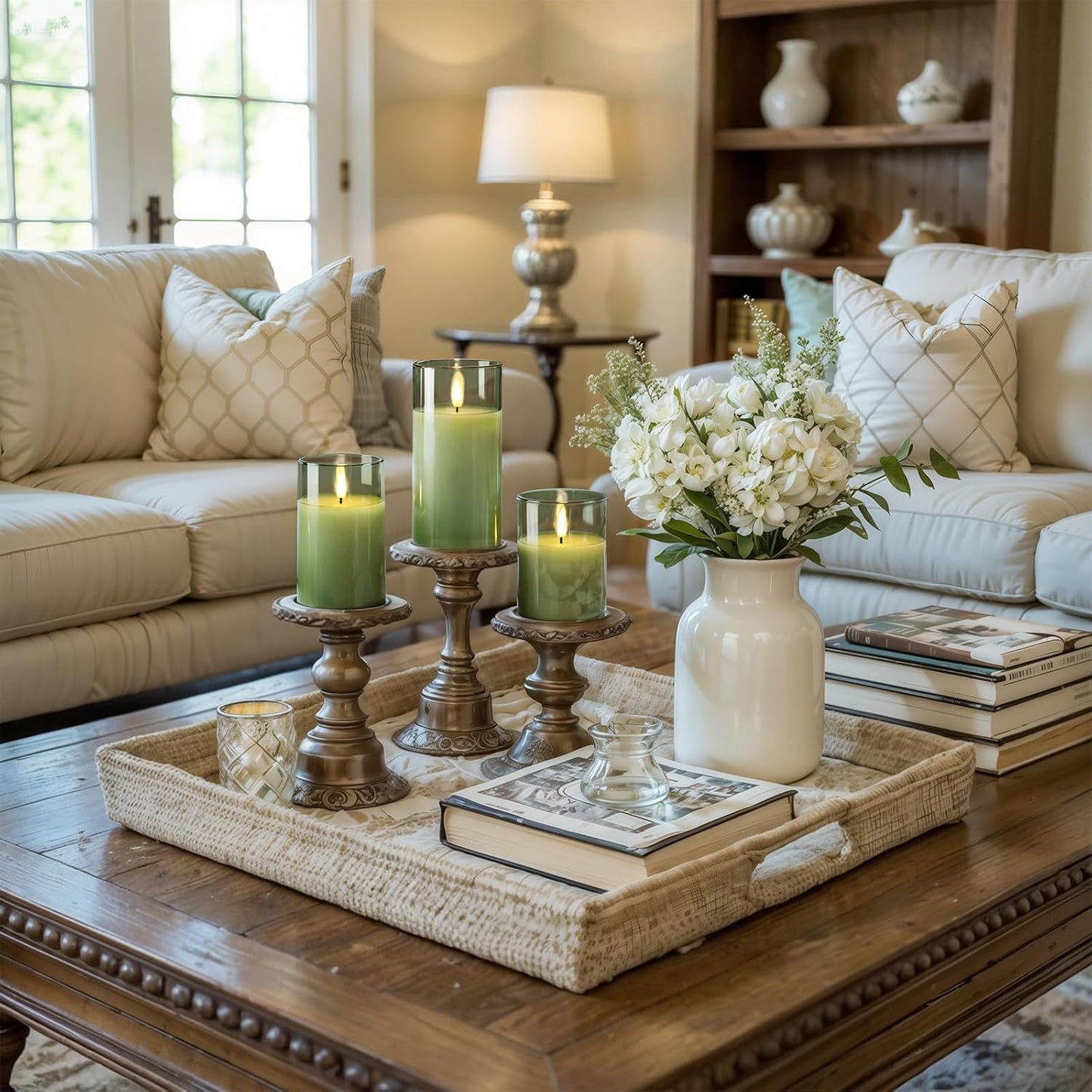 Homemory Green Glass Flameless Candles, Battery Operated LED Pillar Candles with Remote Control and Timer, Radiance Candles, Real Wax, Set of 3,D3 xH4 5" 6"