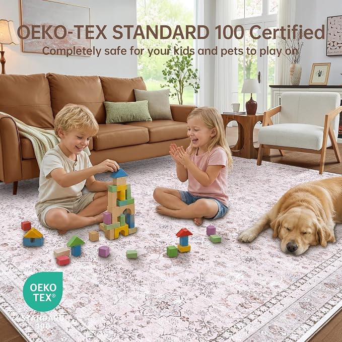 Sasttie 4x6 Area Rug, Ultra-Soft Washable Rug, Low Pile Foldable Thin Carpets with Non-Slip Backing, Skin-Friendly Stain Resistant Carpet for Living Room, Bedroom, Kitchen, Dorm, 4x6, Pink