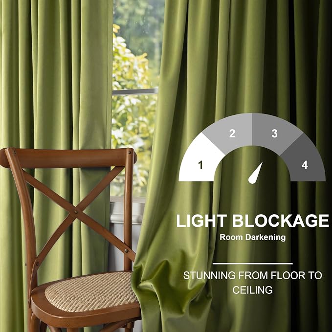 Avocado Lime Moss Green Curtains 108 Inches Long for Living Room Patio Door 2 Panels Luxury Velvet Room Darkening Floor Ceiling Drapes Thermal Insulated Curtain for Bedroom Earthy Room Decor Aesthetic