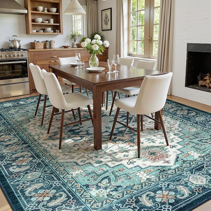 Lofus 8x10 Washable Rugs Non-Slip, Vintage Floral Area Rug for Living Room Bedroom Dining Room Kitchen, Low Pile Distress Print Medallion Carpet Home Decor Rug, Floral Green Beige