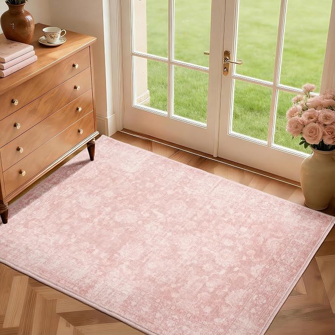 FROZZUR 3x5 Pink Washable Rug - Vintage Floral Low Pile Area Rug for Bedroom, Girls Room, Entryway - Soft Bedside Accent Carpet for Office or Kids Room