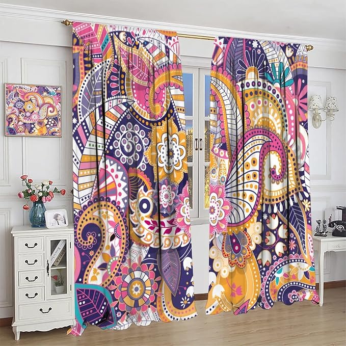 Boho Curtains, Abstract Pelis Boho Brown Vintage Floral Ethnic Tribal Blossom Print, Blackout Curtains for Bedroom Living Room55X63 Inch