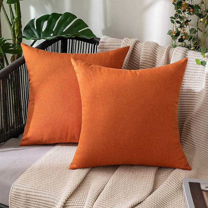 MIULEE Pack of 2 Decorative Outdoor Solid Waterproof Throw Pillow Covers Euro Sham Faux Linen Garden Farmhouse Cushion Cases for Summer Patio Tent Balcony Couch Sofa 22x22 Inch Orange