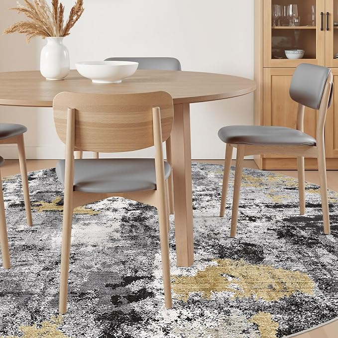 Abstract 8FT Round Rug: Machine Washable Non Slip Ultra Thin Low-Pile Carpet, Soft Stain Resistant for Living Dining Room Bedroom, Kid Pet Friendly, Robot Vacuum Compatible - Black Gold