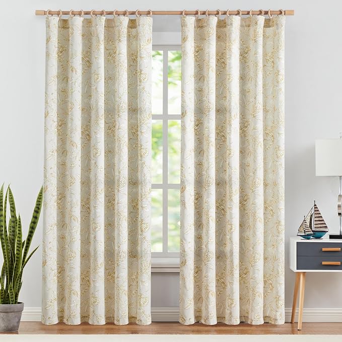 jinchan Floral Curtains 90 Inch Length Mustard Yellow Flower Linen Farmhouse Curtain for Living Room French Country Vintage Curtain Rod Pocket Curtains Set 2 Panels Floral Printed