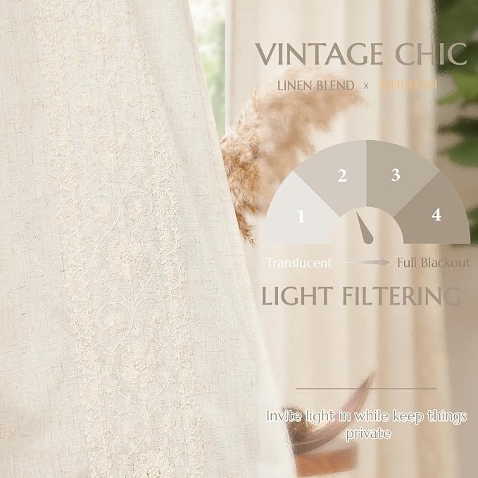 jinchan Weslie Boho Curtains for Bedroom Ivory Vintage Floral Farmhouse Curtains 72 Inches Long Linen Drapes for Living Room Embroidered Drapes Light Filtering Rod Pocket Ivory on Beige 2 Panels