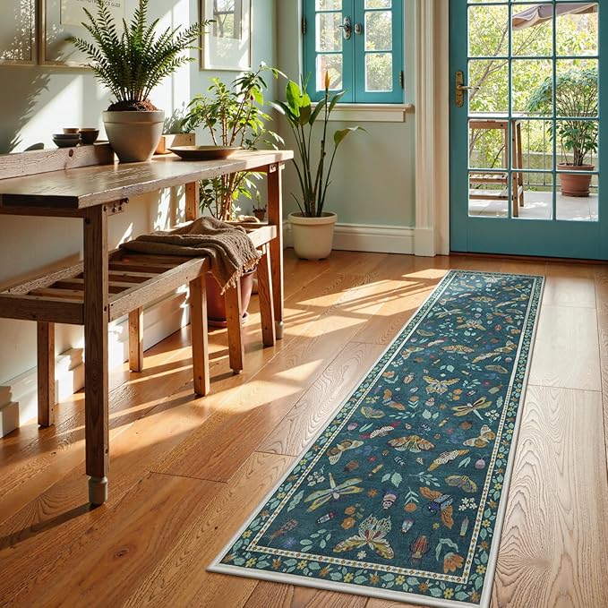 Lahome Insect Washable Runner Rug, 2x6 Kitchen Runners for Hallways 6 Feet Non Slip, Soft Laundry Room Rug Ultra-Thin Long Carpet for Bathroom Bedroom Entryway Vionnet, Dark Green