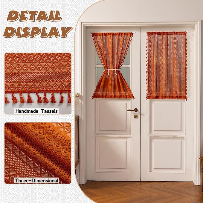 Sutuo Home Burnt Orange French Door Curtain for Glass & Sidelights, Bohemian Tassels Vintage Chic Patio Privacy Drapes for Front Door Halloween Decor, Rod Pocket 2 Panels 25" W x 40" L,Terracotta