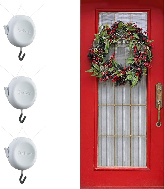 Zip 'n Hang Wreath Hanger for Front Door – Damage Free Adjustable Door Wreath Hanger for Glass, Screen & Standard Doors, Christmas Wreath & Decor Hook (White - 3 Pack)