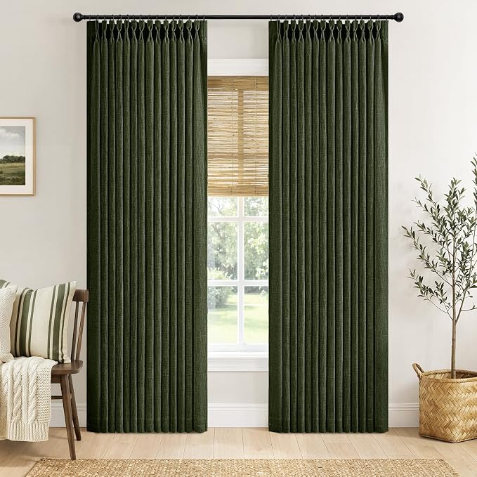 MIULEE Pinch Pleated Thick Linen Curtains 96 Inches Long 2 Panels for Living Room Bedroom, Memory Trained Pleat Drapes Light Filtering Loden Semi Sheer Window Curtains Hooks Rings Back Tab