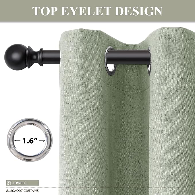 Jowels Light Sage Green Linen Blackout Curtains 96 Length 2 Panels Set for Living Room Bedroom, 100% Black Out Thermal Insulated Linen Drapes, Room Darkening Grommet Curtains 96 Inches Long