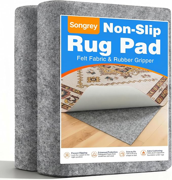 Songrey Non Slip Rug Pad Gripper 9x12 Ft | Thick Felt Fabric with Anti Skid Backing, Carpet Pad for Hardwood Floors, Keep Area Rugs in Place and Safe