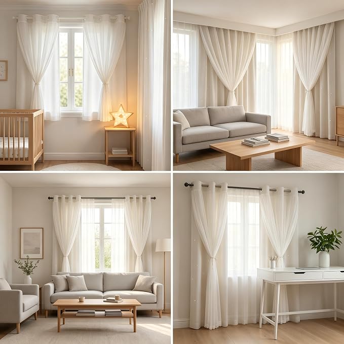 Kids Star Cutout Curtains for Bedroom/Living Room/Classroom,2 Free Tiebacks Sheer Overlay 2 Panel Set, Double Layer Curtains for Kids Room(Each Piece W70 x L95 Inches 2 Pcs Greyish White)